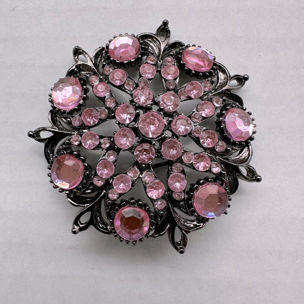 Vintage Pink  Rhinestone Flower Brooch